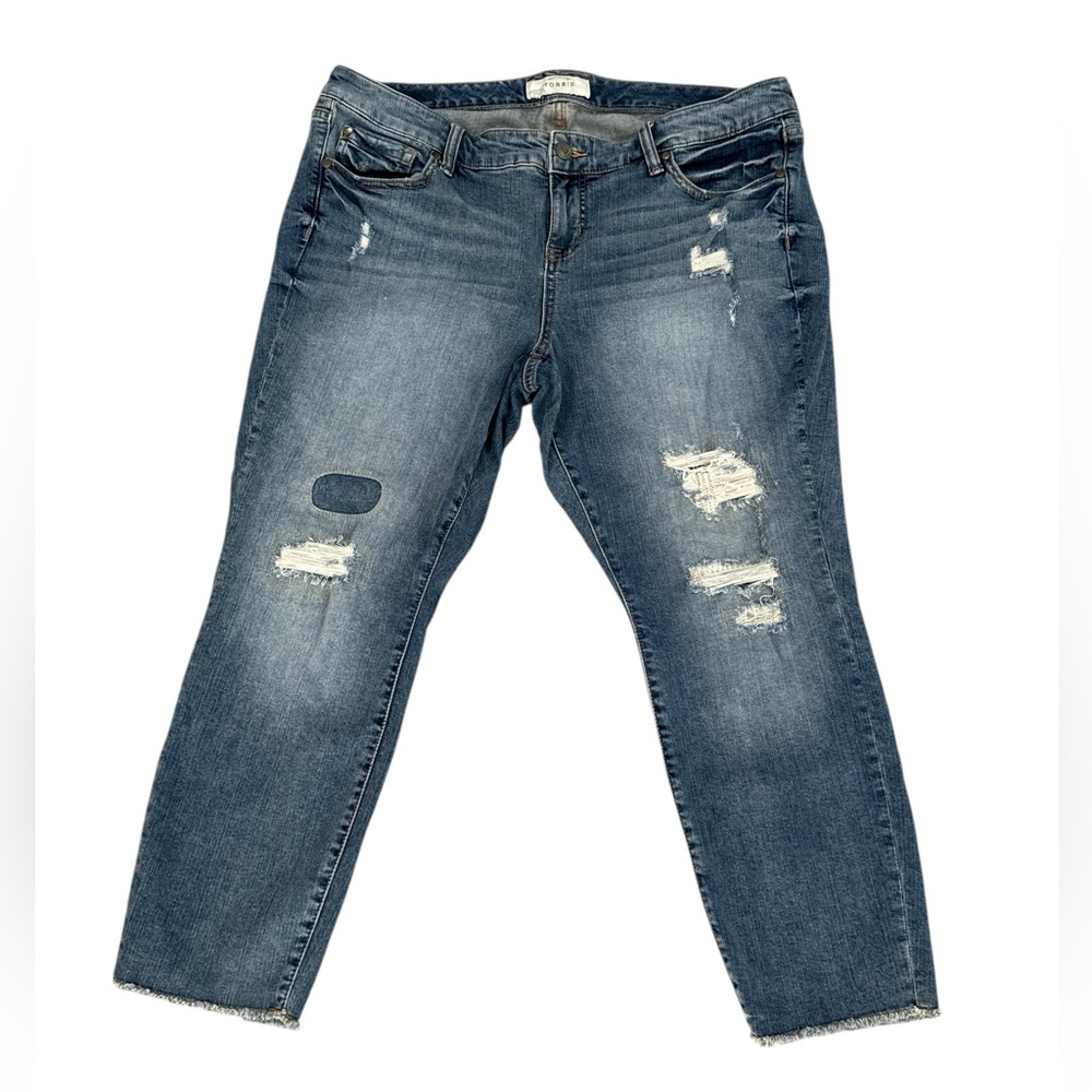 Torrid Distressed Medium Wash Ankle Jeans with Raw Hem Patched Plus Size
